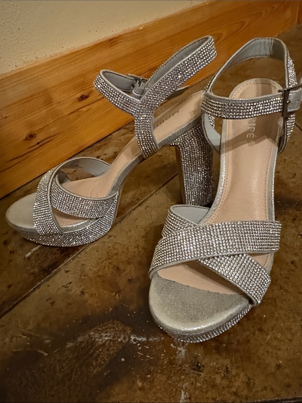 Maripe Silver Rhinestone Block Heel Sandals
